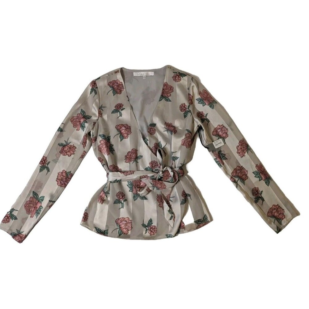 Lovers + Friends Wrap Top Womens XS Beige Floral Tie Closure Long Sleeve NWT
